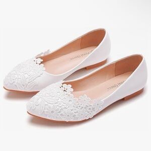 Crystal Queen Women Flats Ballets Shoes White Lace Wedding Flats Pointed Toe